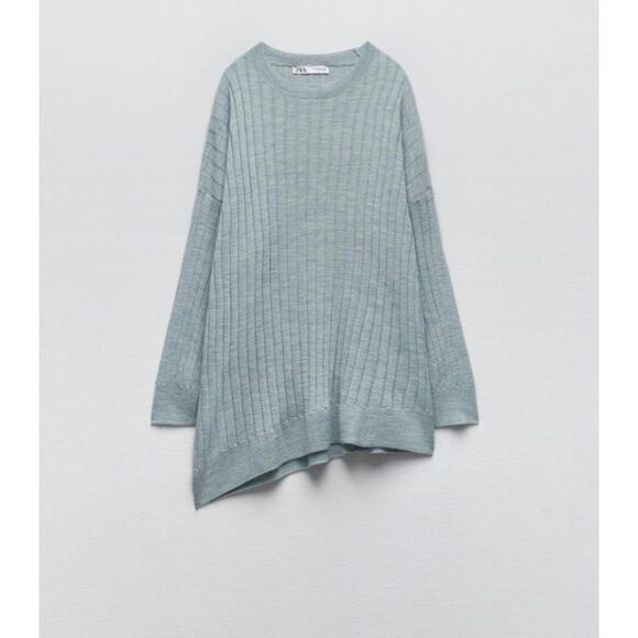 ZARA Ribbed Sweater L-XL Sage Green Slouchy Knit Wool Blend Cozy Luxe‎ Minimal - Picture 1 of 7